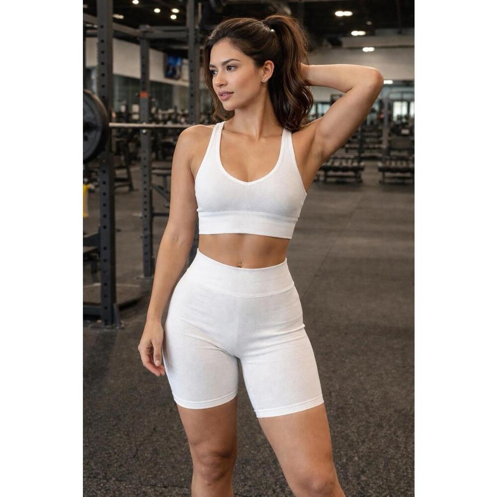 Bozzolo Ribbed Seamless Set Cropped Tank + Biker Shorts White M/L NWT A17